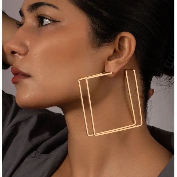 Gold Tone Squared Hoop Earrings Large Square Geometric Shape Metal Iron Yellow - Picture 1 of 5